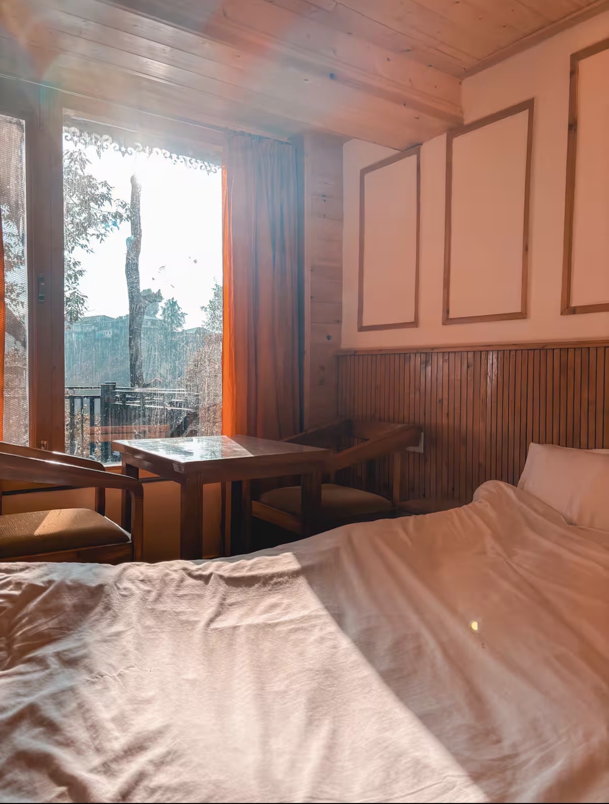 Sunlit breakfast nook overlooking the deodar trees