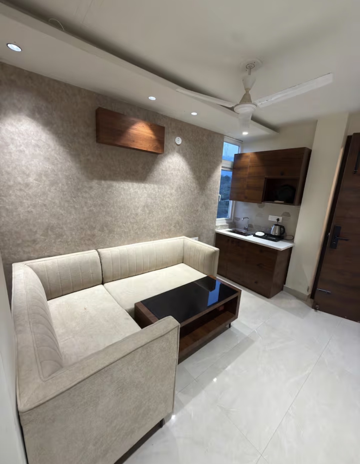 Compact living lounge with plush sofa and kitchenette